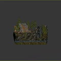 Cartoon Scene of Cliffside Cabin with Waterfall Pine Trees and Lake Boat