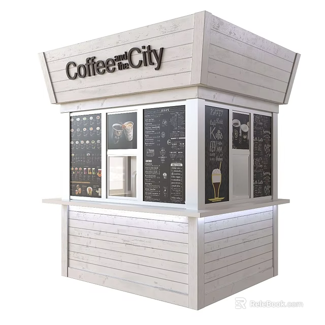 CoffeeCity White Wooden Kiosk With Black Menu Boards And Drinks Ice Cream 3d model 