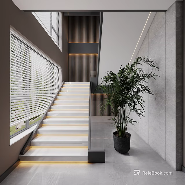 Modern Staircase Interior With Large Windows Blinds Palm Plant And Lighting 3d model 