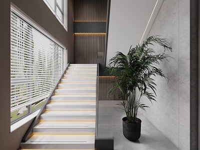 Modern Staircase Interior With Large Windows Blinds Palm Plant And Lighting 3d model