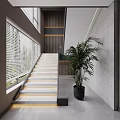 Modern Staircase Interior With Large Windows Blinds Palm Plant And Lighting