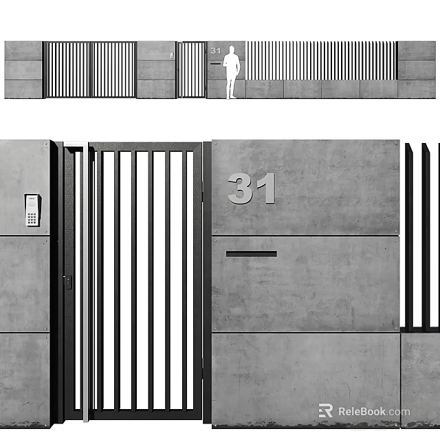 Modern Entrance Gate With Vertical Slats Gray Concrete Wall And Number 31 Doorbell 3d model 