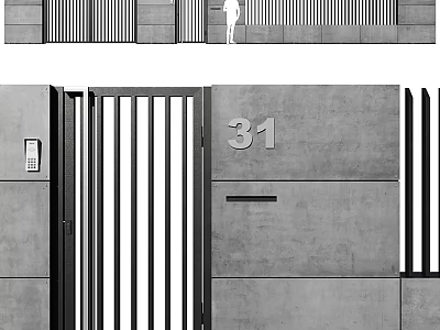 Modern Entrance Gate With Vertical Slats Gray Concrete Wall And Number 31 Doorbell 3d model