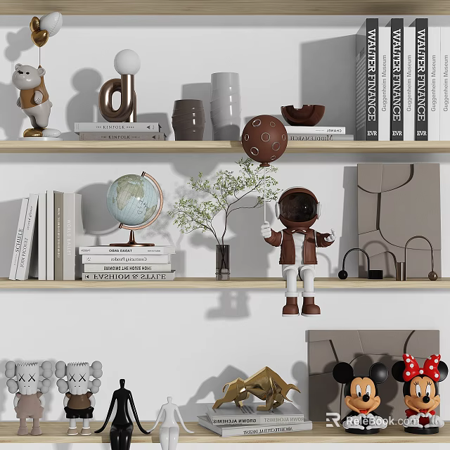 Modern Decorative Ornament Set With Astronaut Globe Books Potted Plant Mickey Minnie Figurines On Shelf 3d model 
