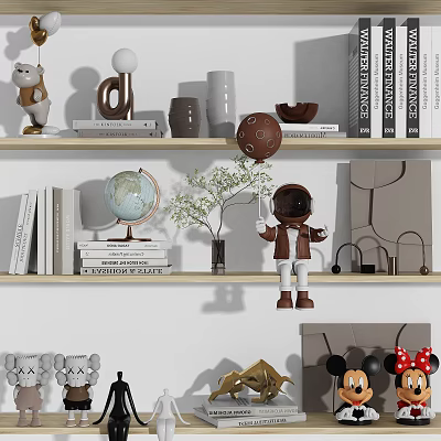 Modern Decorative Ornament Set With Astronaut Globe Books Potted Plant Mickey Minnie Figurines On Shelf 3d model