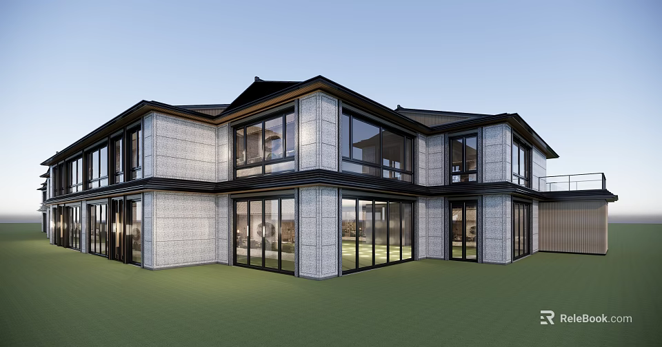 Modern Townhouse Exterior Design With Large Glass Windows Gray Facade Black Frames And Green Lawn 3d model 
