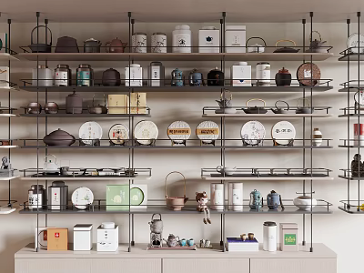 Exquisite Neatly Arranged Tea Sets and Accessories on Multi tiered Display Shelves 3d model