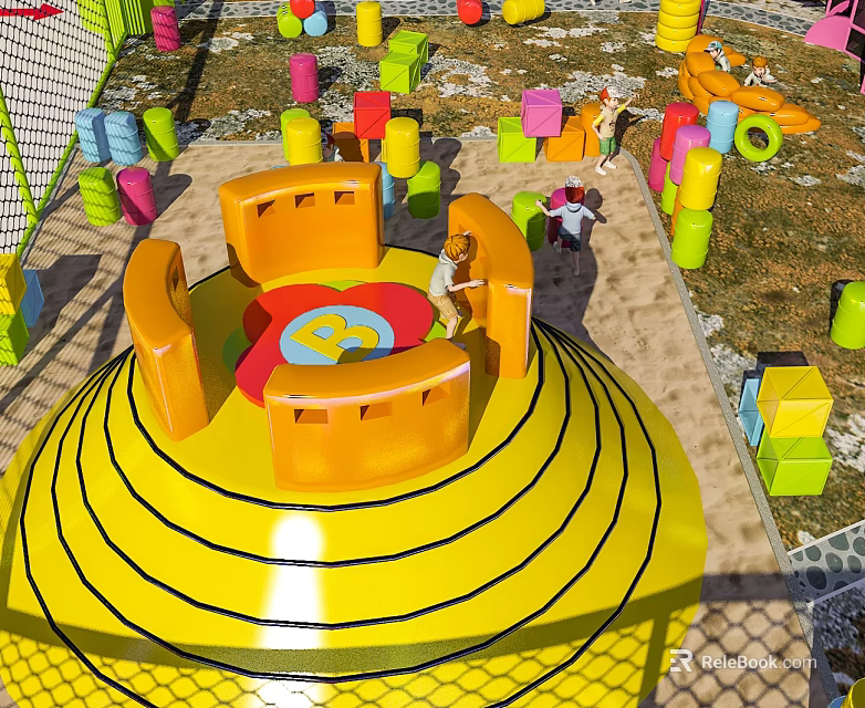 Outdoor Playground Equipment With Yellow Base Orange Seats Colorful Blocks And Children Playing 3d model 