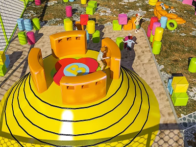 Outdoor Playground Equipment With Yellow Base Orange Seats Colorful Blocks And Children Playing 3d model