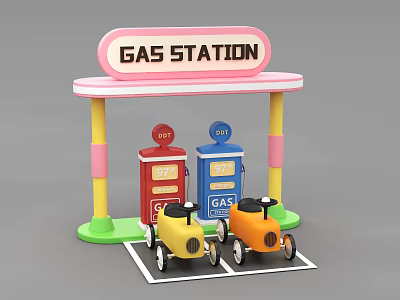 Colorful Children's Playground Gas Station Setup With Toy Cars And Fuel Pumps 3d model