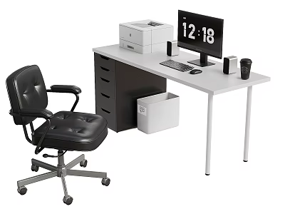 Modern Office Desk With Computer Monitor Office Chair Printer Trash Bin And Cup 3d model
