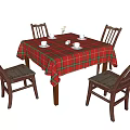 Classic Dining Table Set with Red Green Plaid Tablecloth and Wooden Chairs with Woven Seats