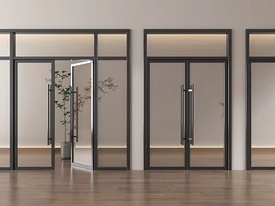 Glass Swing Doors With Black Frames In Modern Interior Space Wooden Floor And Potted Plant 3d model