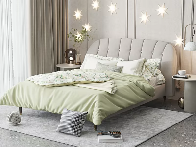 Warm Double Bed with Light Green Bedding Pillows Star Shaped Wall Lights and Bedside Plants 3d model
