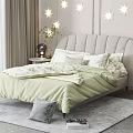 Warm Double Bed with Light Green Bedding Pillows Star Shaped Wall Lights and Bedside Plants