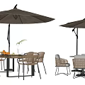 Outdoor Wicker Chairs With Metal Frame And Matching Table Under Large Sunshade Umbrellas
