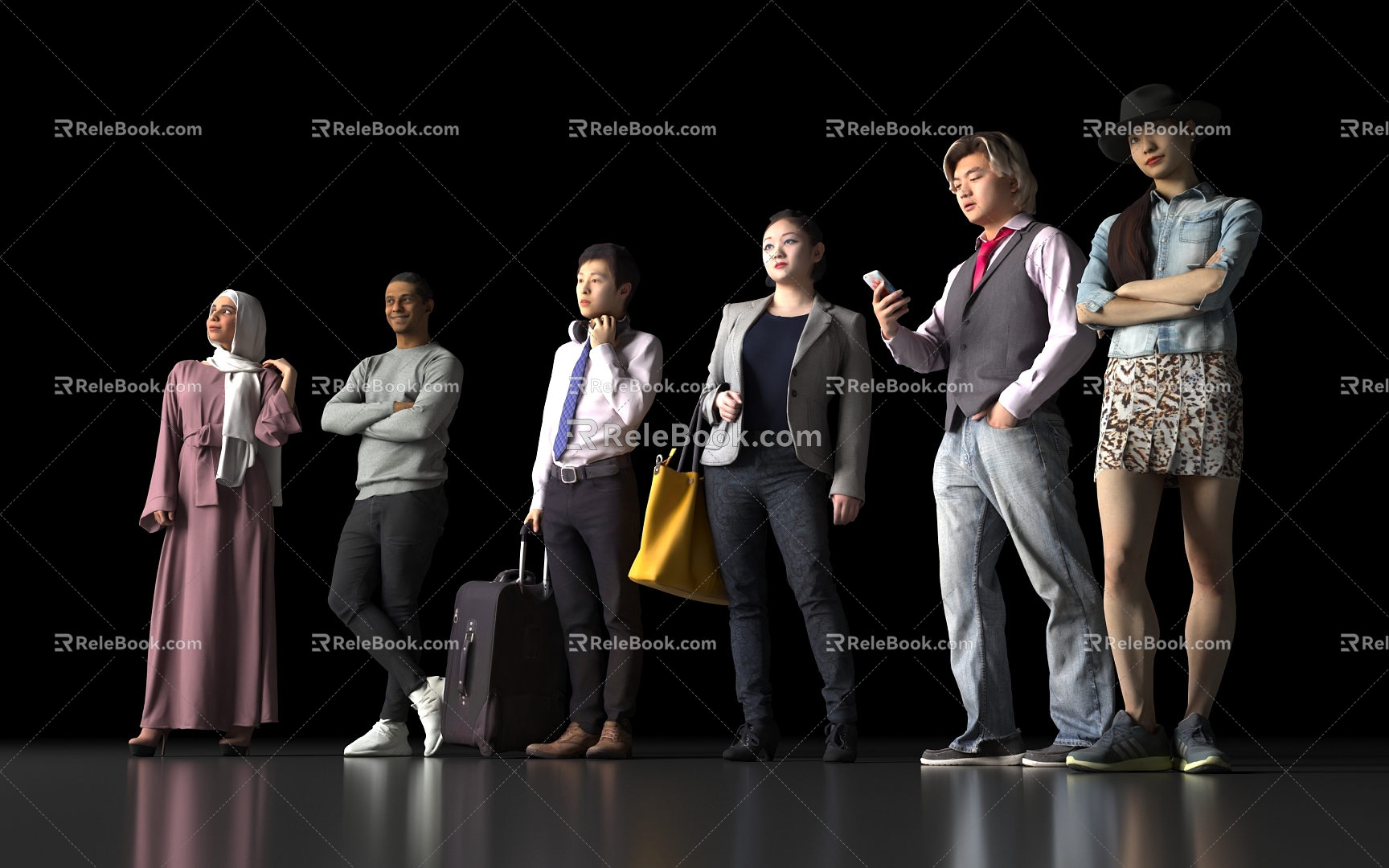 Many characters stand up men and women foreigners white yellow black tourists professional waiter scene passers-by shop 3d model