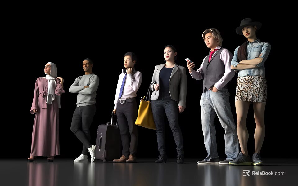 Group of Diverse People Standing with Luggage Bags Mobile Phones and Different Outfits 3d model 