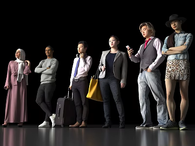 Group of Diverse People Standing with Luggage Bags Mobile Phones and Different Outfits 3d model