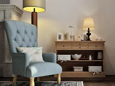 Tufted Light Blue High Back Armchair With Pillow Wooden Cabinet Lamp In Cozy Living Room 3d model
