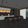 Modern Restaurant Interior With Patterned Cabinets Dining Table Chairs Pendant Lights And City View 3d model