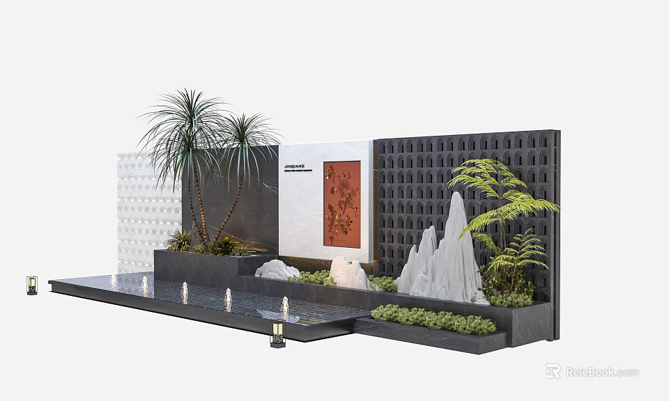 Landscape Wall Design With Black Grid Structure Red Decorative Painting Rockery Plants And Water Feature 3d model 