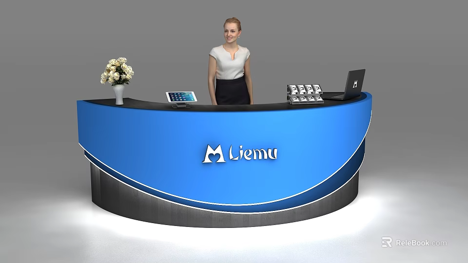 Modern Blue Reception Desk With Flower Vase Tablet Coffee Machines Laptop And Liemu Logo 3d model 