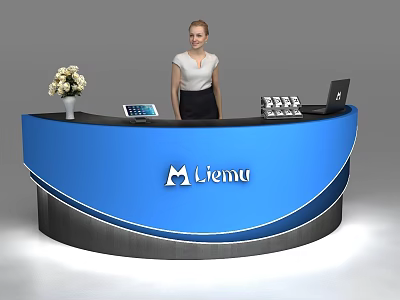 Modern Blue Reception Desk With Flower Vase Tablet Coffee Machines Laptop And Liemu Logo 3d model