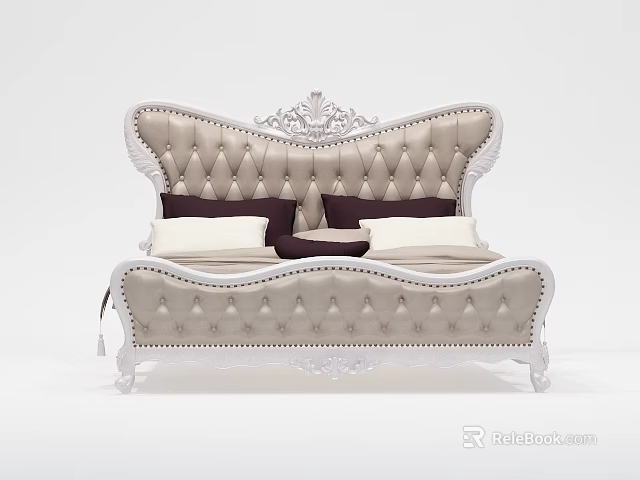 Classic Tufted Double Bed With Ornate Carved Headboard And Cream Upholstery 3d model 