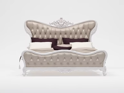 Classic Tufted Double Bed With Ornate Carved Headboard And Cream Upholstery 3d model