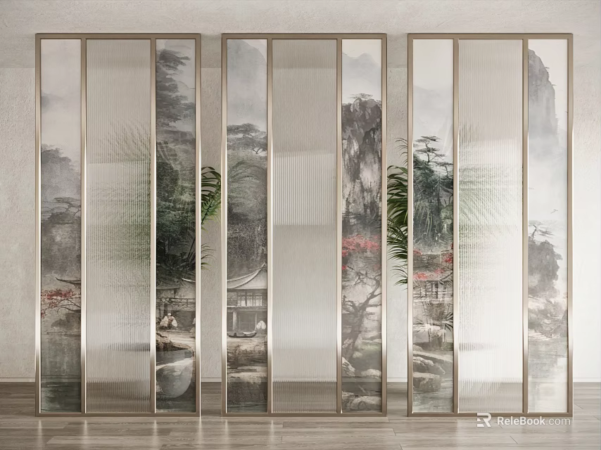 Modern Chinese Room Divider With Transparent Metal Frame And Landscape Paintings 3d model 