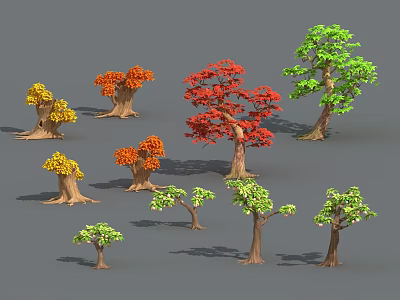 Different Types of Arborescent Trees with Colorful Foliage and Varied Sizes 3d model