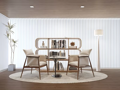 Home Desk With Curved Bookshelf Books Decorations Beige Chairs Floor Lamp And Plant 3d model