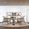 Home Desk With Curved Bookshelf Books Decorations Beige Chairs Floor Lamp And Plant