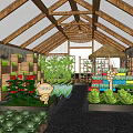 Rural Greenhouse Landscape with Wooden Frame Glass Ceiling and Growing Vegetables Flowers