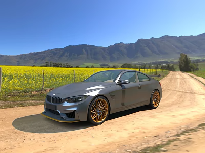 Silver BMW Coupe On Dirt Road Amid Yellow Flower Field Distant Mountains And Blue Sky 3d model