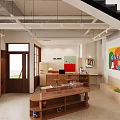 Industrial Interior Space With Wood Wall Plants Curved Table And Shelves
