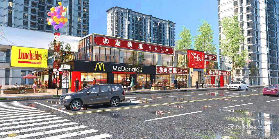 Busy Commercial Street With McDonald's Retail Stores High Rise Buildings Trees Vehicles And Pedestrians 3d model 