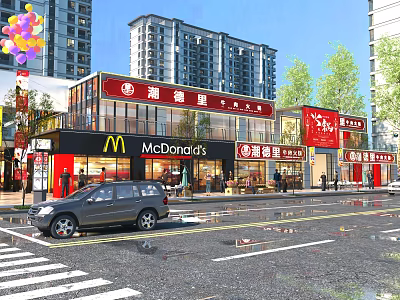 Busy Commercial Street With McDonald's Retail Stores High Rise Buildings Trees Vehicles And Pedestrians 3d model