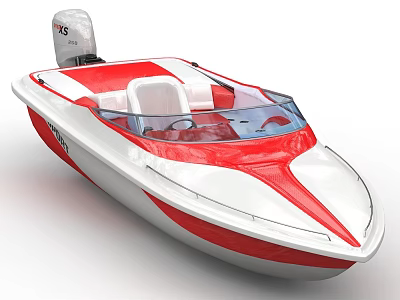 Stylish Red and White Speedboat With Open Cockpit Clear Windshield And Motor 3d model