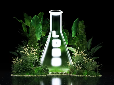 Transparent Conical Flask With Glowing LOVE Letters Surrounded By Green Plants And Water Reflection 3d model