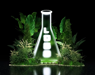 Transparent Conical Flask With Glowing LOVE Letters Surrounded By Green Plants And Water Reflection 3d model