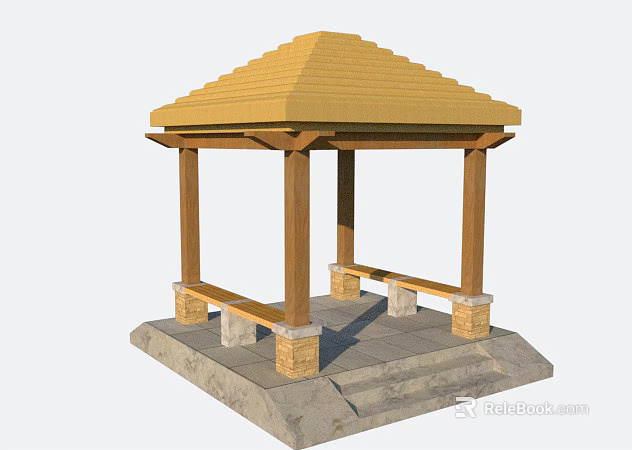 Traditional Wooden Gazebo With Yellow Tiled Roof Stone Base Steps And Benches 3d model 