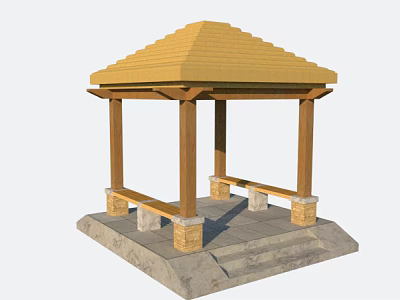 Traditional Wooden Gazebo With Yellow Tiled Roof Stone Base Steps And Benches 3d model