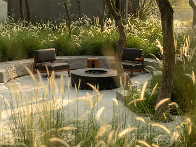 Cozy Outdoor Sofa Seating Area With Fire Pit Surrounded By Trees And Tall Grass 3d model