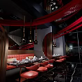 Luxurious Modern Restaurant Interior With Red Curved Decor Black Pillars And Wine Bar Counter