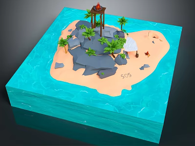 Cartoon Scenic Island Scene with Sandy Beach Palm Trees Wooden Pavilion and Turquoise Ocean Water 3d model