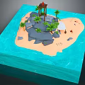 Cartoon Scenic Island Scene with Sandy Beach Palm Trees Wooden Pavilion and Turquoise Ocean Water