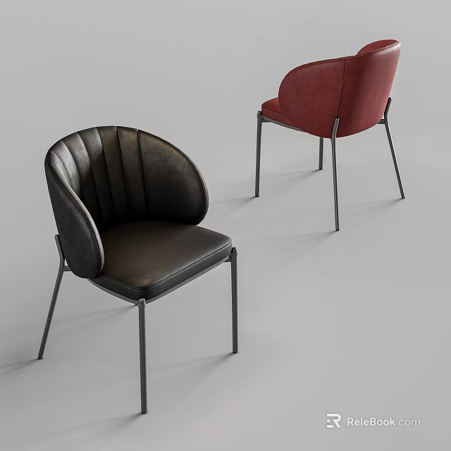 Modern Leather Dining Chairs With Black Red Stitched Backrest And Metal Legs 3d model 
