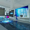 High Tech Exhibition Hall Interior With Robot Display Screens And Illuminated Floor 3d model